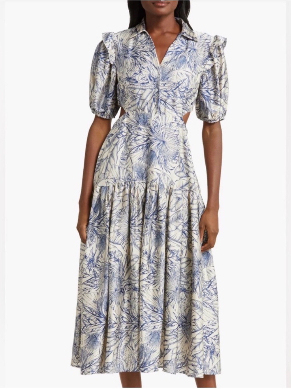 Melloday botanical print short sleeve cutout dress sz L